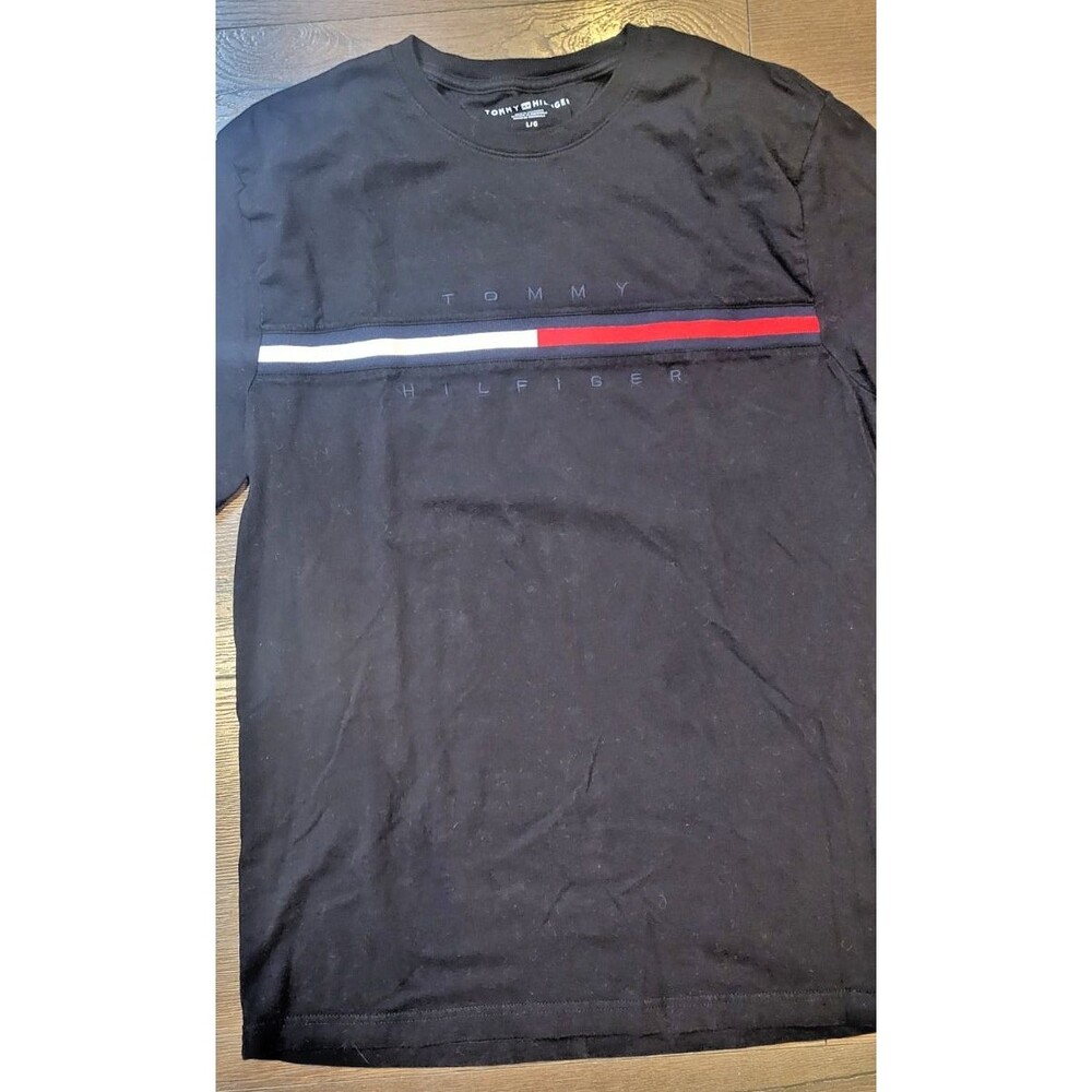 EUC Tommy Hilfiger Mens SZ L Short Sleeve Signature Stripe Embroidered Black Y2K